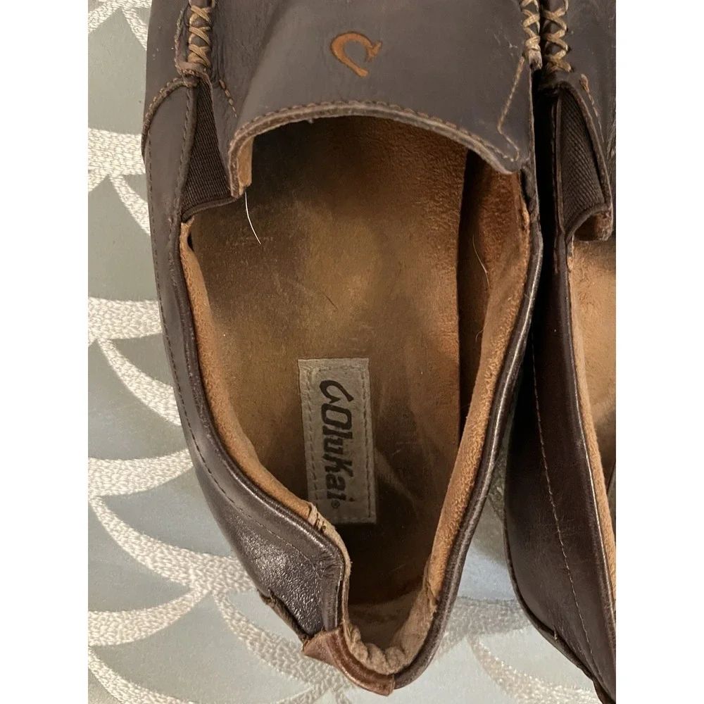 OluKai 'Akepa Moc Men's Leather Slip-On Driver Loafers Brown Size 10.5